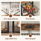 GRUSIGN Kitchen Bakers Rack with Storage, 6-Tier Coffee Bar Station with Power Outlet, Microwave Stand with 12 S-Shaped Hooks, Open Kitchen Storage Shelves for Spices, Pots and Pans, Rustic Brown