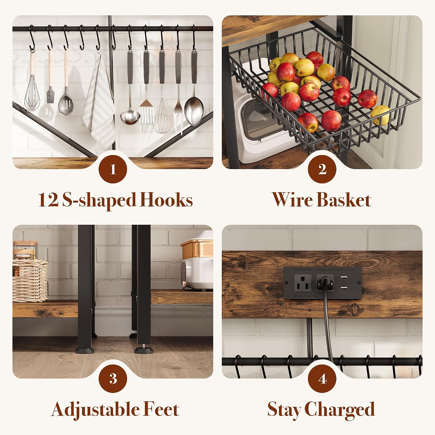 GRUSIGN Kitchen Bakers Rack with Storage, 6-Tier Coffee Bar Station with Power Outlet, Microwave Stand with 12 S-Shaped Hooks, Open Kitchen Storage Shelves for Spices, Pots and Pans, Rustic Brown