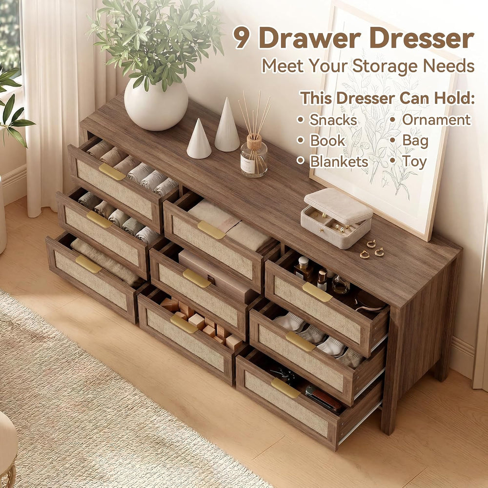 9 Drawer Double Dresser,Wood Dresser,Modern Wooden Storage Cabinet,Chest of D...
