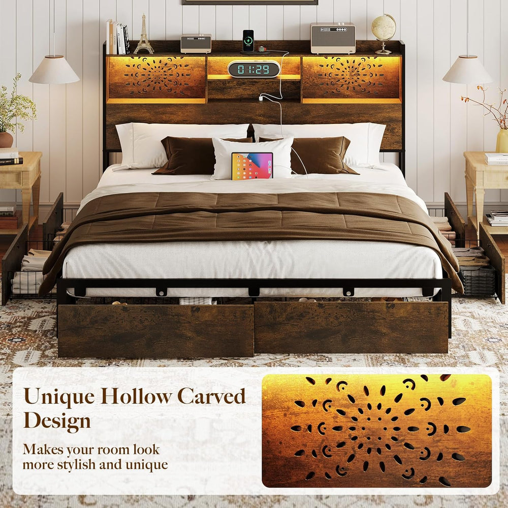 Belffin King Size Bed Frame with 6 Storage Drawers and Carving Headboard