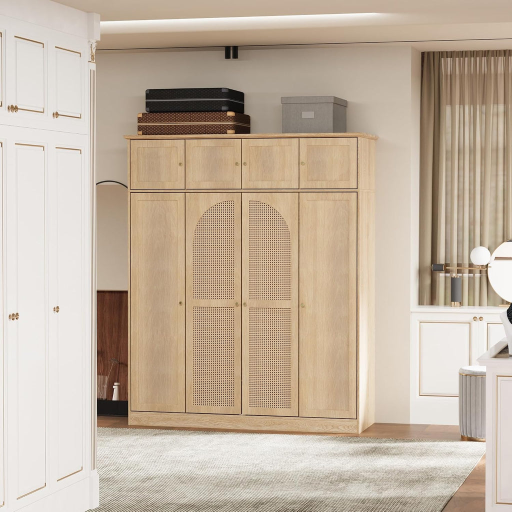 4 Doors Large Armoire Wardrobe Closet with Rattan Doors, 70.87" Tall Freestanding Wooden Closet Wardrobe Cabinet with Hanging Rod and Adjustable Shelves, Clothing Storage Cabinet for Bedroom, Natural