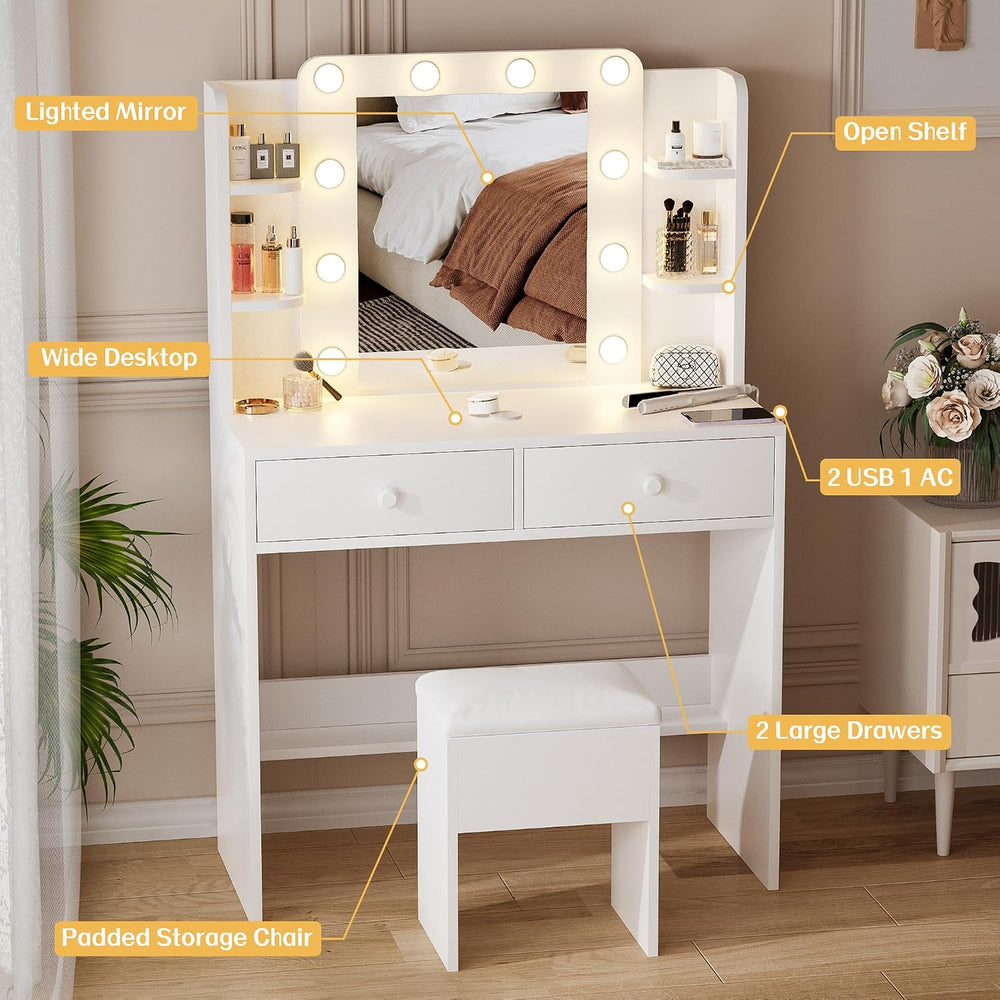 Haewon Makeup Vanity Desk with Lighted Mirror and Chair Set, White | 10 LED L...