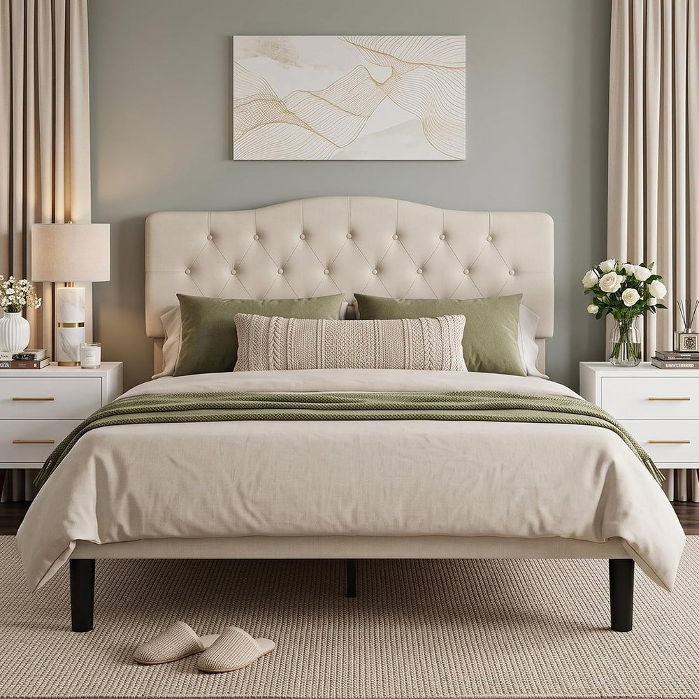 VECELO Queen Size Platform Bed Frame with Fabric Upholstered Headboard and Wo...