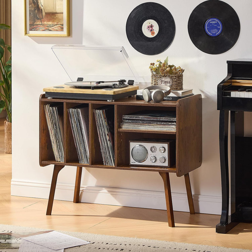 Lerliuo Record Player Stand with 4 Cabinet Holds Up to 220 Albums,Brown | Lar...