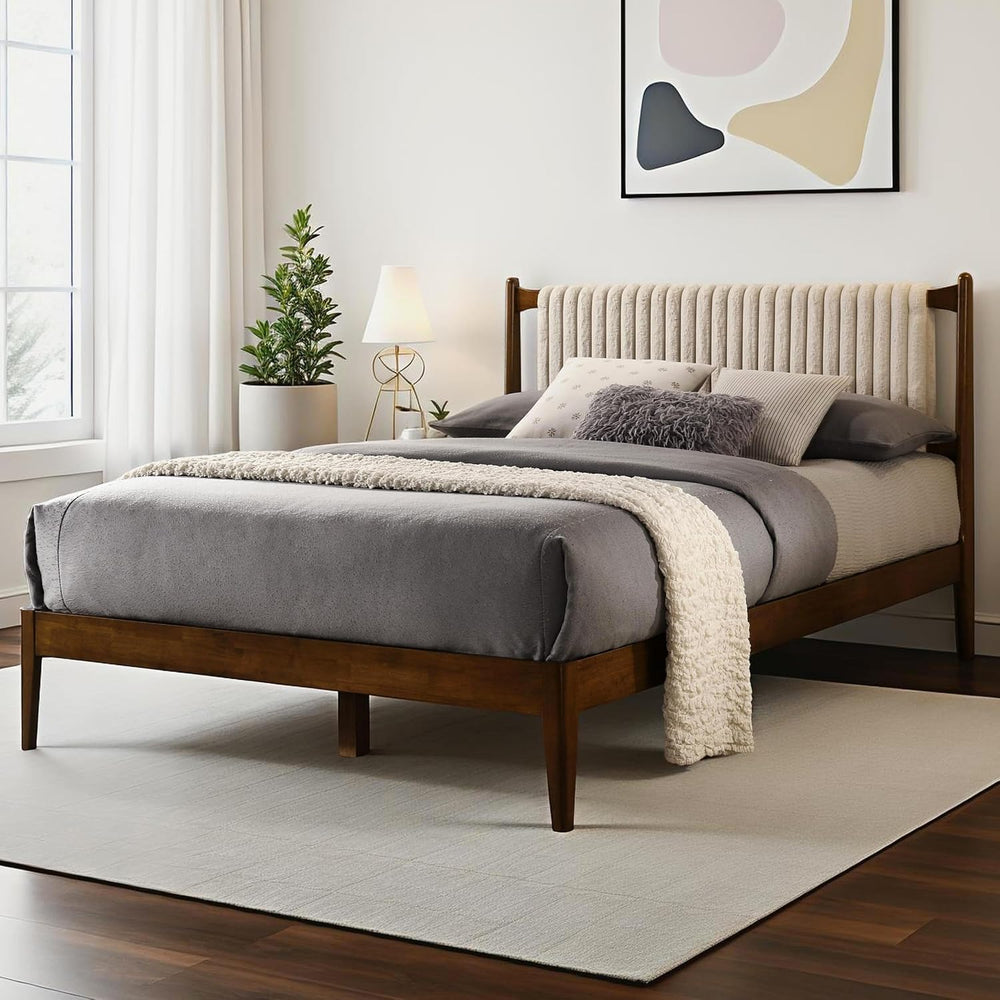 Ella Wooden Platform Bed | Box Spring Not Required | Walnut and Beige, Queen