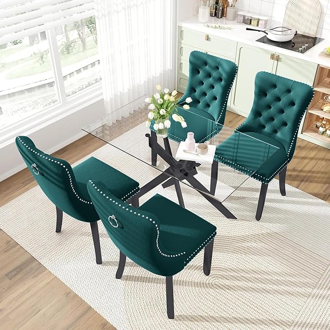 51 Inch Glass Dining Table Set for 4, Rectangular Glass Kitchen Table with 4 Upholstered Velvet Accent Chairs, 5 Piece Modern Dining Room Set, for Home, Apartment, Small Spaces - Green Black