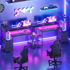 Korfile 48 Inch Gaming Desk with LED Lights & Power Outlets,Computer Desk with Fabric Drawers & Side Hook,Reversible Gamer Table with Monitor Stand for Game Room,Home Office,Carbon Fiber Black