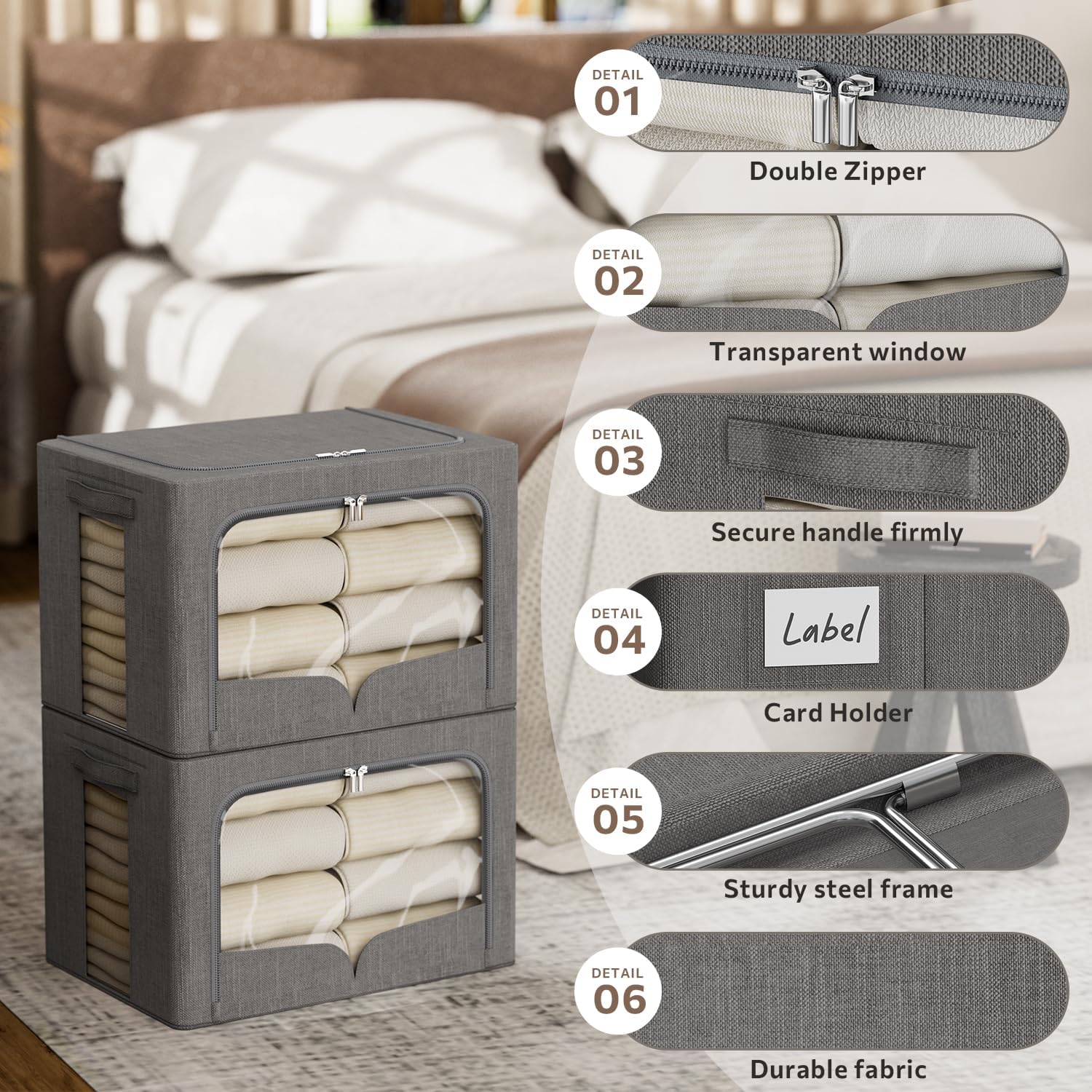 FHSQX 3 Pack Clothes Storage Bins Foldable Metal Frame Storage Box Stackable Linen Fabric Organizer Set with Carrying Handles and Clear Window (Dark Gray, 15.7x11.8x11.8inch(36L))