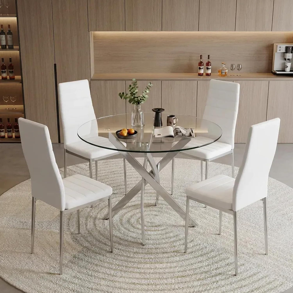 Round Glass Dining Table Set for 4, 35.5'' Tempered Glass Top Kitchen...