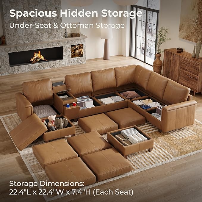 SITJOY 132" Faux Leather Modular Sectional Sofa with Storage, Mid Century Modern Sectional Couches for Living Room, 8 Seat V Shaped Couch with Ottoman and Console Table, Hidden Cupholders, Brown