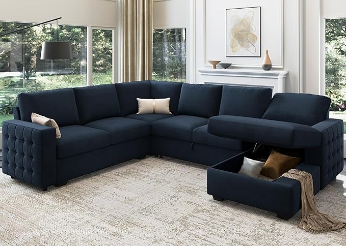 HONBAY Sectional Sleeper Sofa with Pull Out Bed U-Shape Sectional Couch Sleeper Bed with Storage Chaise Lounge Living Room 6 Seater Sectional Sofa,Velvet Dark Blue