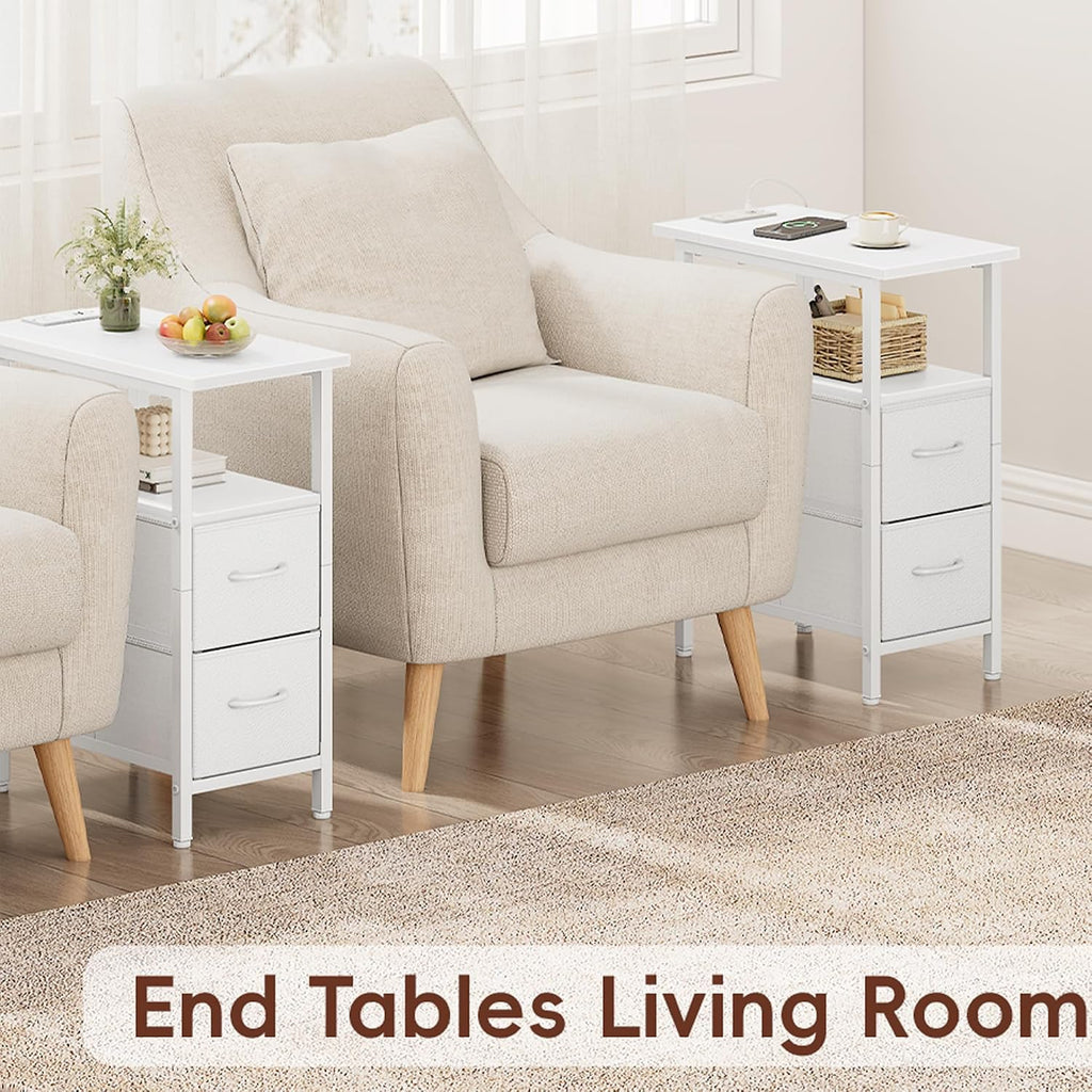 Vagusicc White Nightstand with Charging Station and LED Lights, Narrow Side Table, LED Night Stand with 2 Fabric Drawers, Bedside Table with USB Ports and Outlets, Tall Nightstand for Bedroom, White