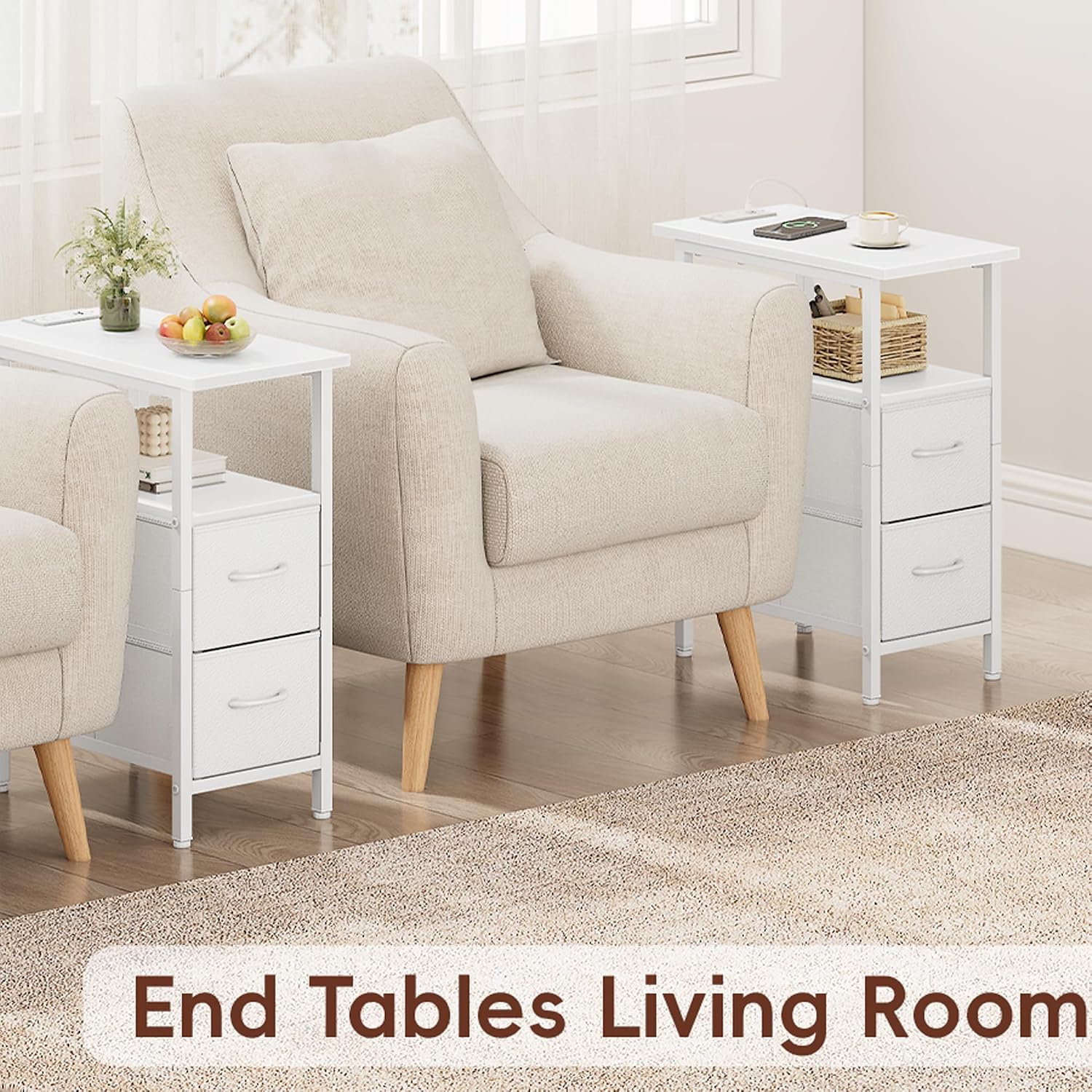 Vagusicc White Nightstand with Charging Station and LED Lights, Narrow Side Table, LED Night Stand with 2 Fabric Drawers, Bedside Table with USB Ports and Outlets, Tall Nightstand for Bedroom, White