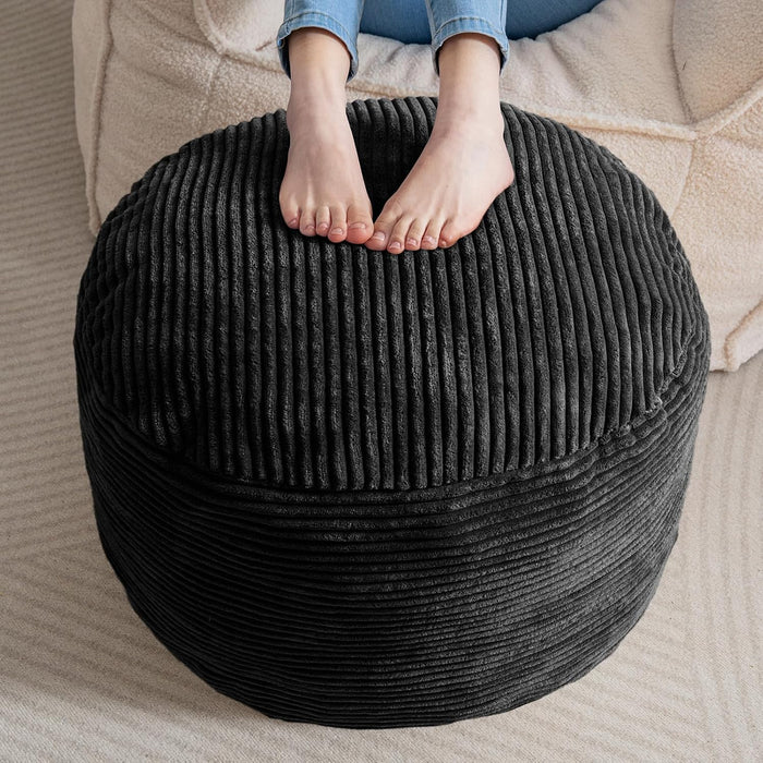 HIGOGOGO Round Stuffed Pouf Ottoman, Corduroy Poufs with Foam Chunk Filling, Furry and Fluffy Pouf Foot Stool Storage Ottoman, 20 X 15 Floor Poufs Foot Rest for Living Room, Black