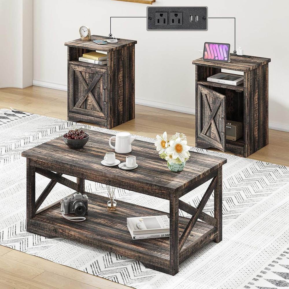 AMERLIFE 3 Piece Farmhouse Living Room Coffee Table Set, Dark Oak | Coffee Ta...