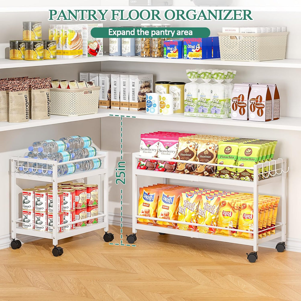 2-Tier Expandable Rolling Pantry Cart with Wheels, Adjustable Floor Organizer...