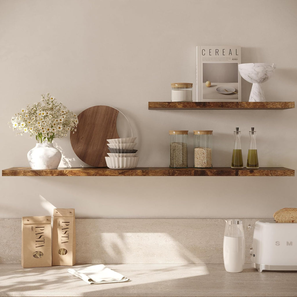 Wall Shelf Set of 3, Rustic Brown Floating Shelves 24 in W x 10 in D x 1 in H, Wooden Floating Wall Shelf with Invisible Brackets for Living Room/Bedroom/Bathroom/Kitchen Storage and Decor