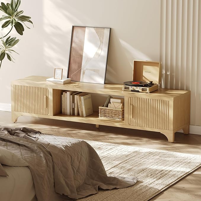 Fluted Oak TV Stands for 65/70/75 Inch TV, Boho Media Console for Living Room, TV Entertainment Center with Storage, Wood Television Cabinet for Bedroom
