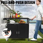 Grill Cart with Storage, Outdoor Bar Cart Rolling BBQ Cart Movable Pizza Oven Table Stand with Foldable Stainless Steel Top & Storage Cabinet, Black（34.6 x 17.7 x 34.6 Inch）