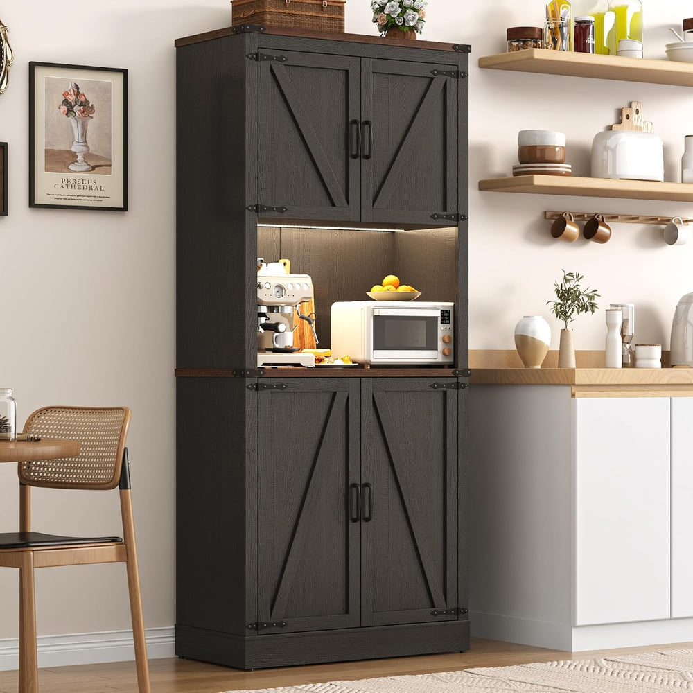 72" Tall Farmhouse Kitchen Pantry Cabinet with LED Light and Power Outle...