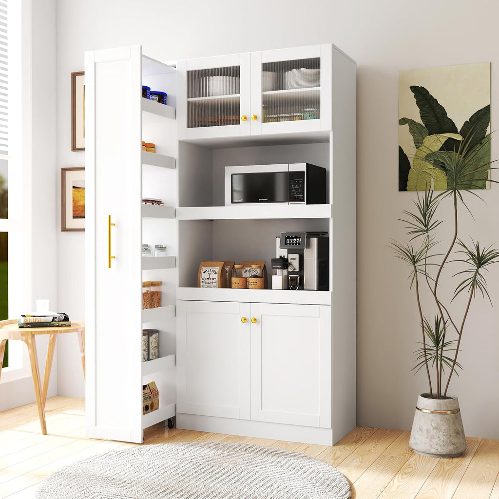 Farmhouse Kitchen Pantry Cabinet with 4 Doors, Multi-Functional Pull-Out Multi-Tier Storage Shelves, Pantry Organizer and Storage for Kitchen, Dining Room, Cupboard (White)