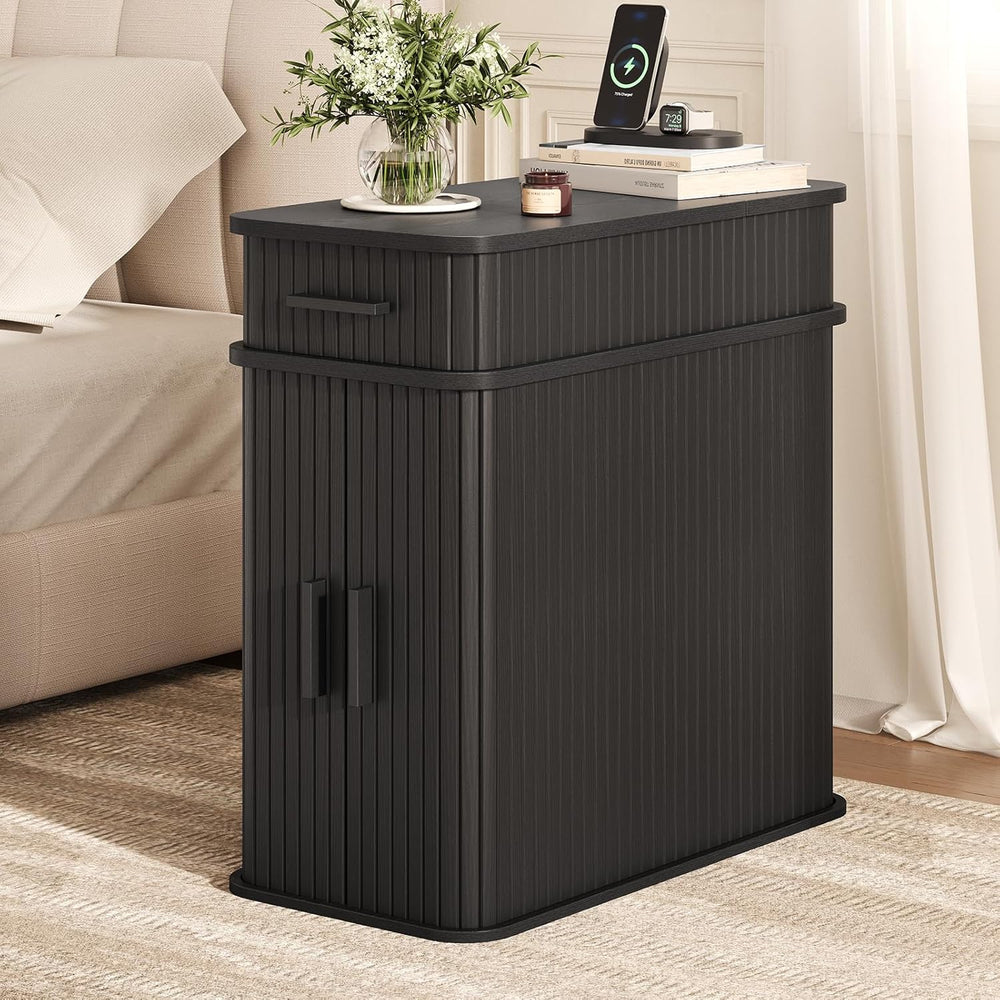 Side End Table with Charging Station, Slim Nightstand with Drawer, Mid-Centur...