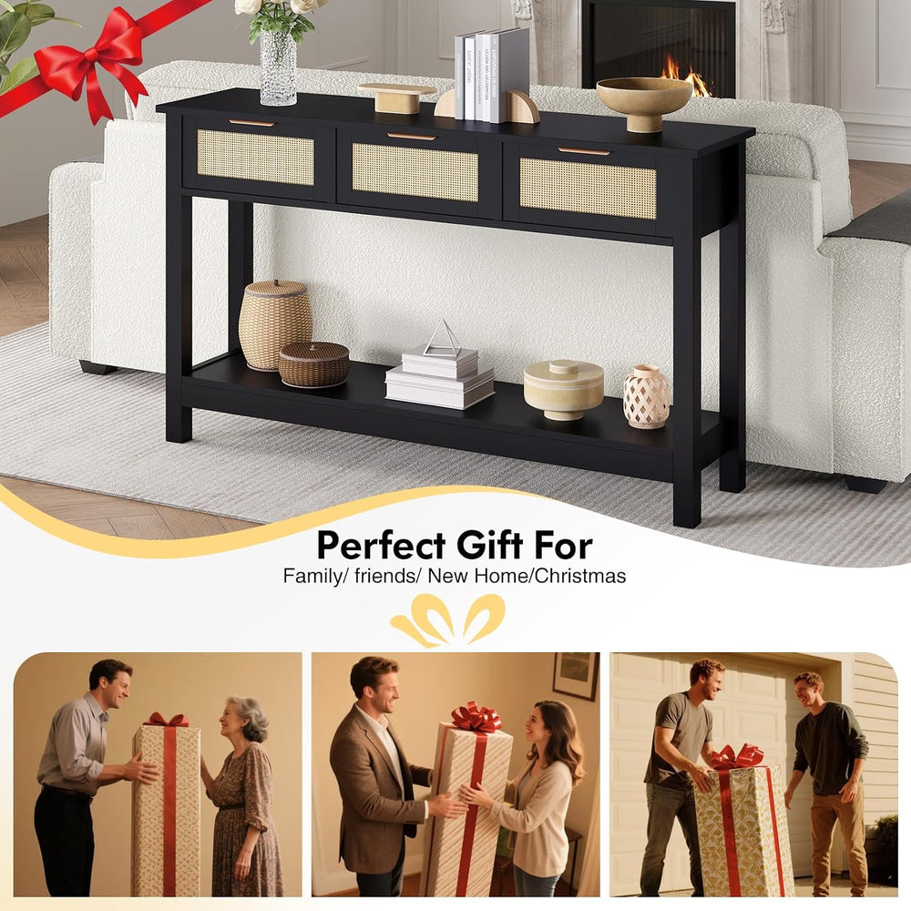 Luoxiao Rattan Console Table 3-Drawer 47" Narrow Black Entryway Sofa Tab...