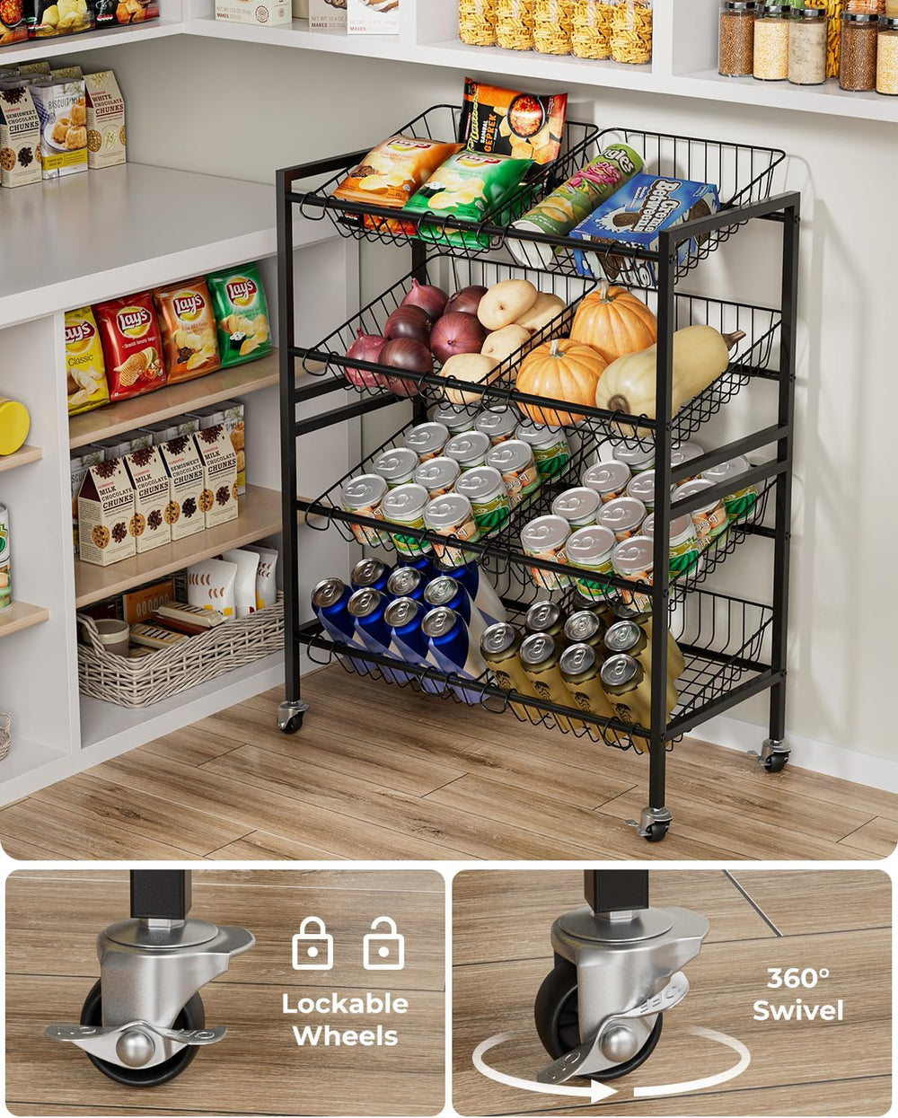 Evermagin 25.2" W Kitchen Storage Cart, 4-Tier Snack Cart with Wheels | ...