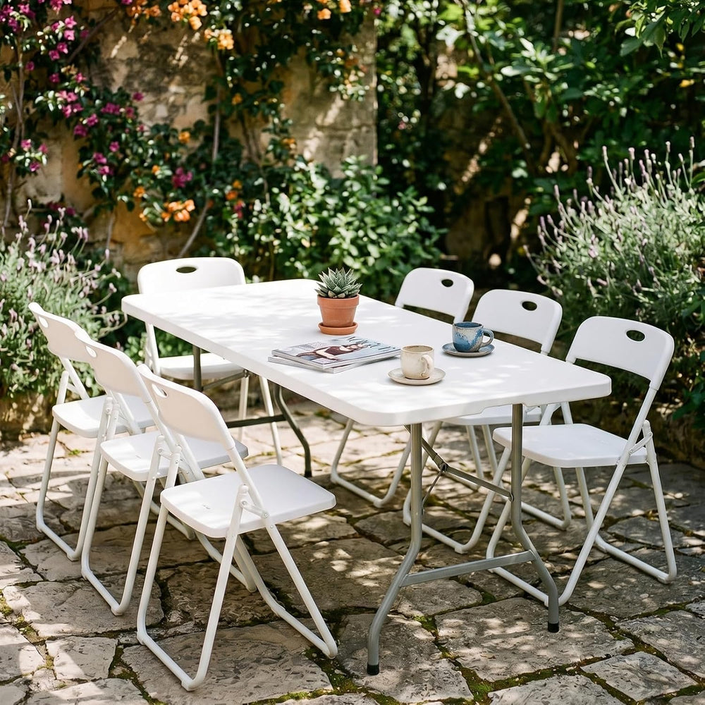 Folding Table and Chairs Set, 6 Foot Foldable Long Plastic Table with 6 Plast...