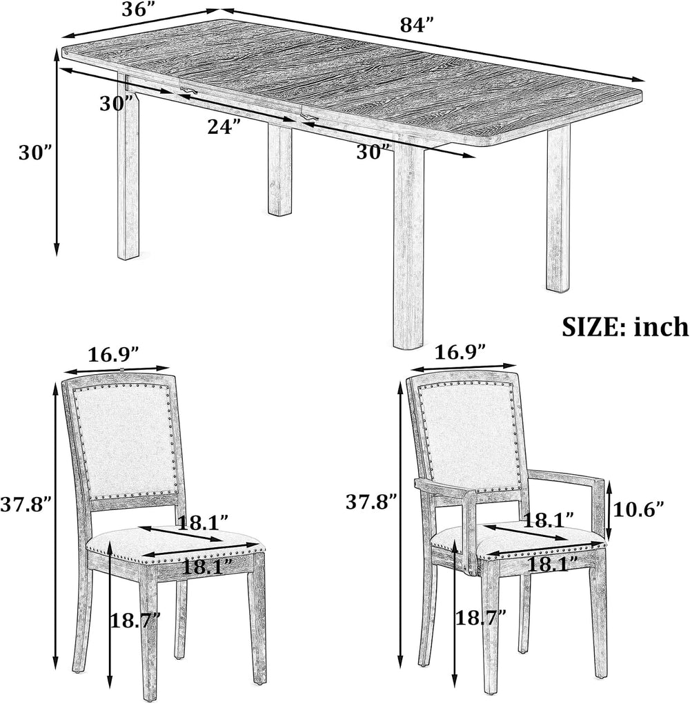 9-Piece Dining Table Set, Extendable 84", 6 Chairs + 2 Armchairs