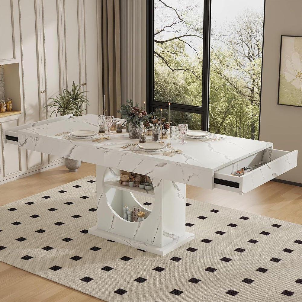 Dining Table for 4-6 People, 55 Inches Dinner Table with Drawers and Open Sto...