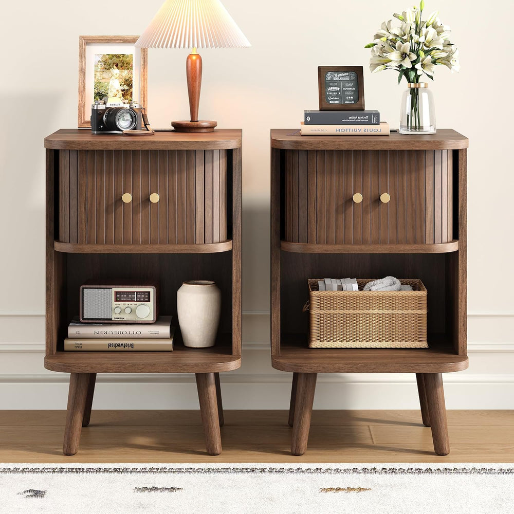 Decofy Fluted Nightstand Set of 2, Mid Century Modern Bedside Table with Char...