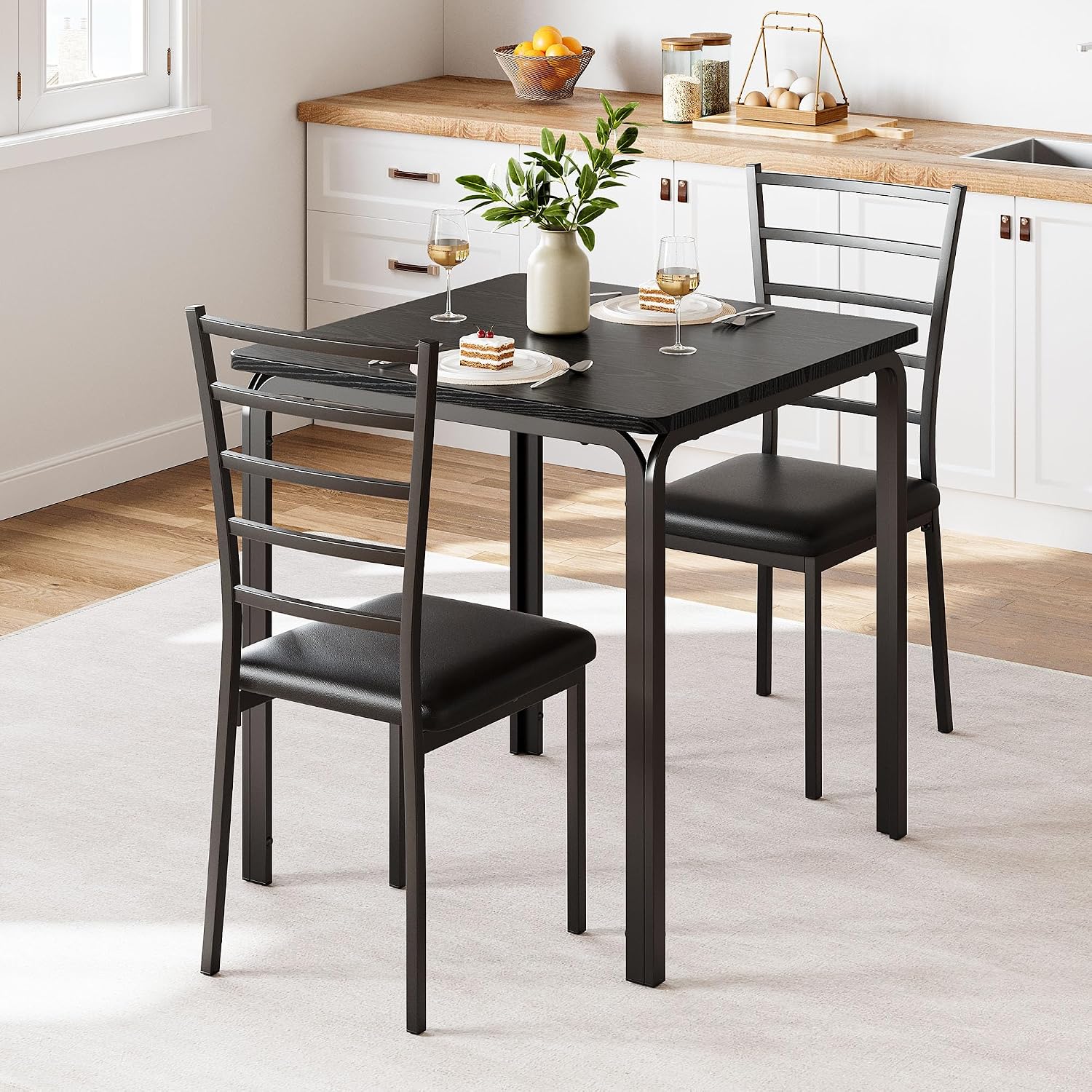 GarveeHome 3-Piece Kitchen Dining Room Table Chair Set for Small Space, Indoor Modern Dinette Set for 2, Square Dinner Table Set for Dinette (Black, Dining Table with 2 Chairs)