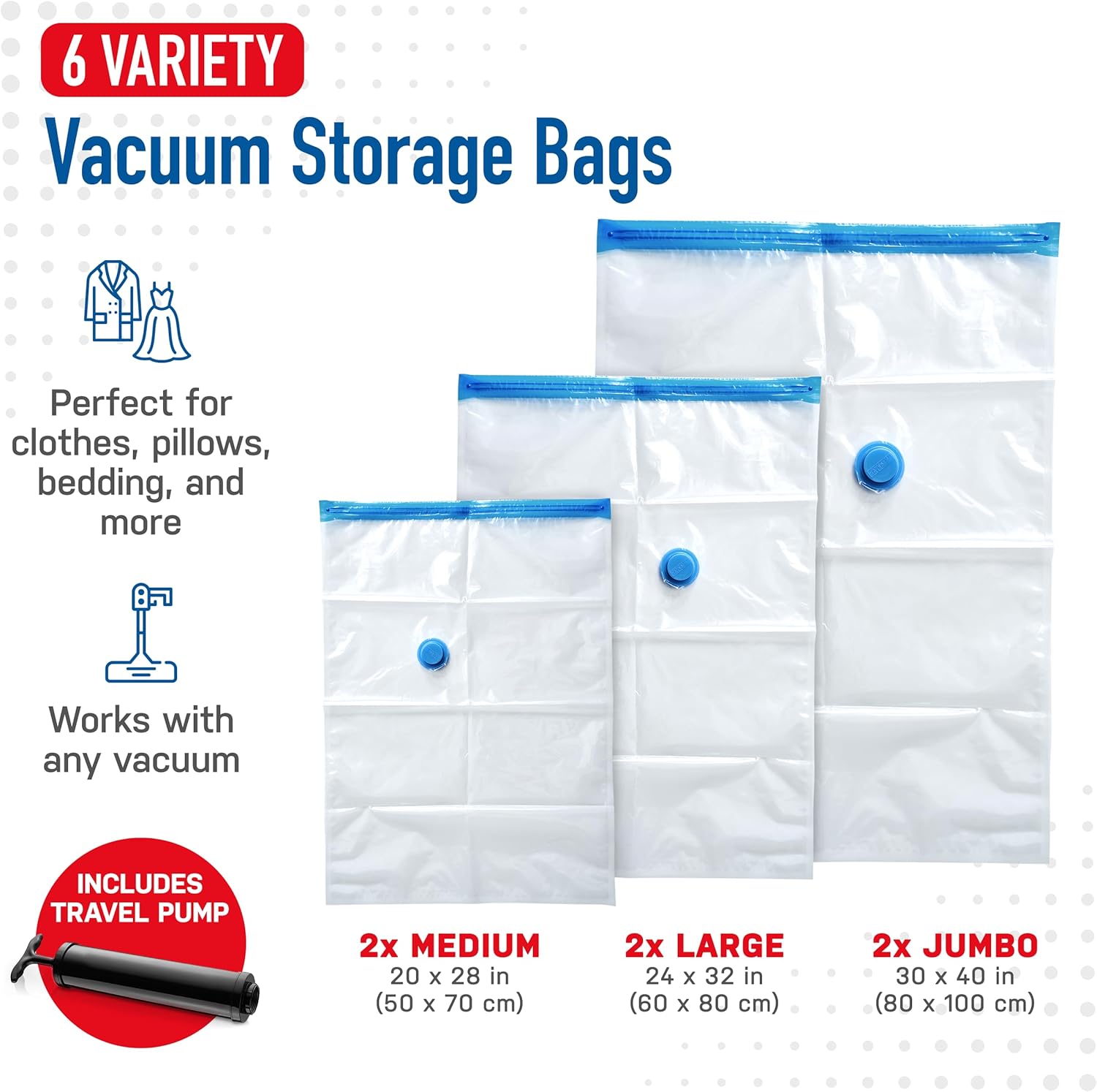 Spacesaver 6 Pack Variety Vacuum Seal Bags for Clothing, Travel, Blankets - Compression Bag with Hand Pump - Space Saver Vacuum Storage Bags for Bedding, Moving, Travel & Organization (2M, 2L&2XL)