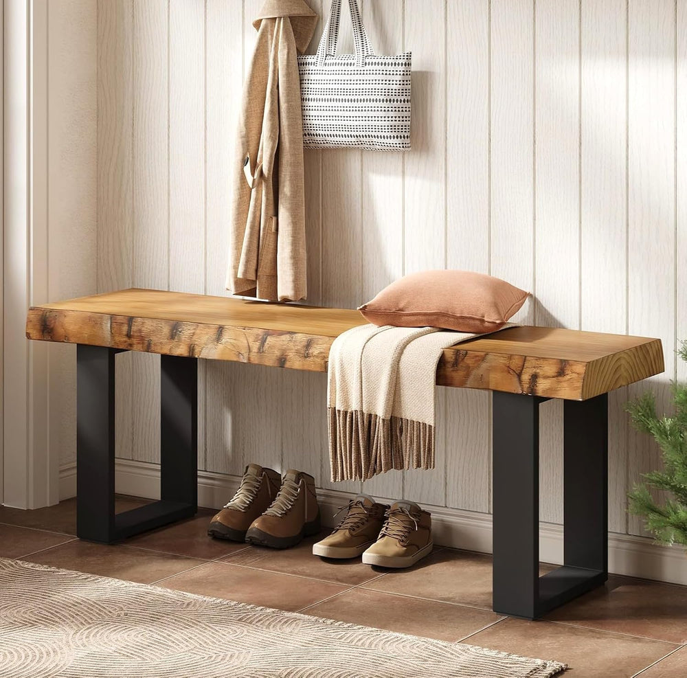 Solid Wood Dining Bench, 47'' Industrial Entryway Bench with Black Me...