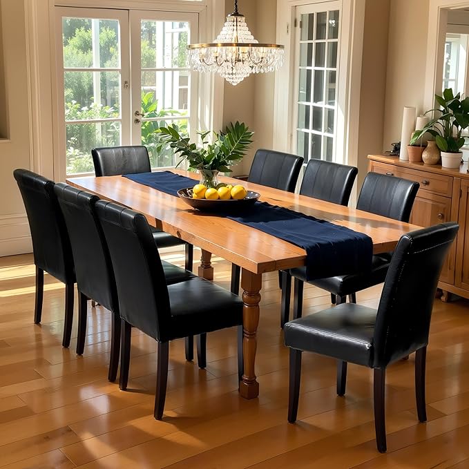 CHUN YI Dining Chairs Set of 8, Faux Leather Dining Room Chairs, Upholstered Parsons Chairs for Dining Room Kitchen Side Chair with Sturdy Wood Legs, Black