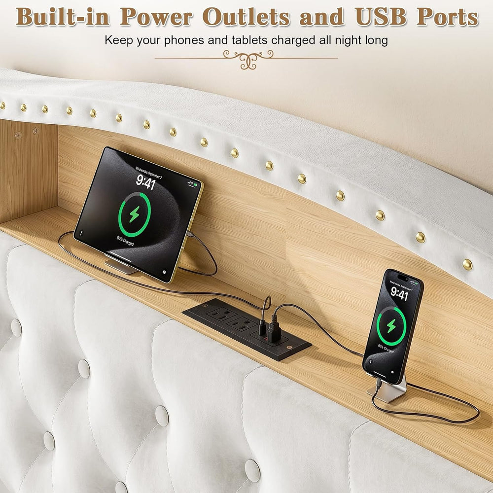 Upholstered Queen Size Bed Frame with LED Lights & Charging Station, Velv...