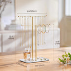 pickpiff Necklace Holder Jewelry Organizer Stand – 2‑Tier T‑Bar Jewelry Display Tree with Tray for Countertop Necklace Bracelet Earring Storage, Vanity Dresser Bathroom Sink, Gold