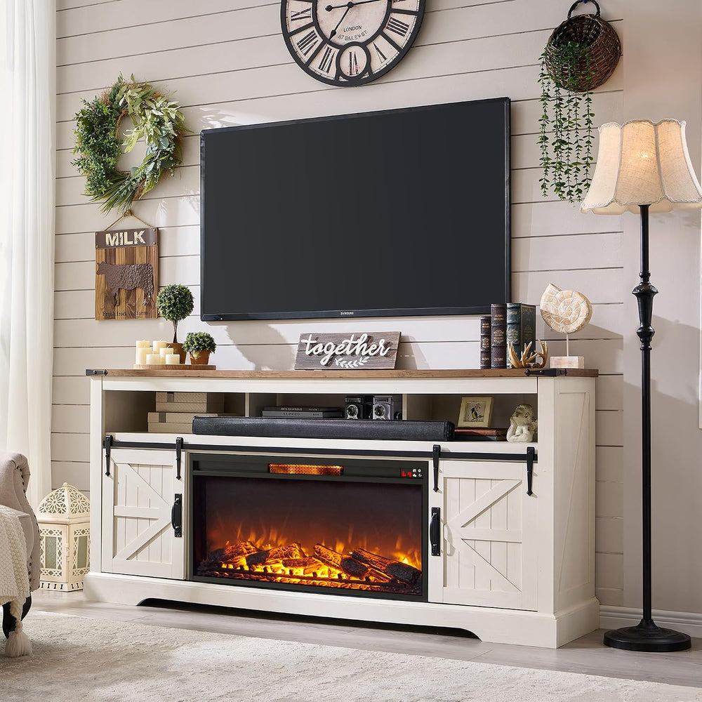 OKD 70" Farmhouse Fireplace TV Stand, Antique White | For up to 80"...