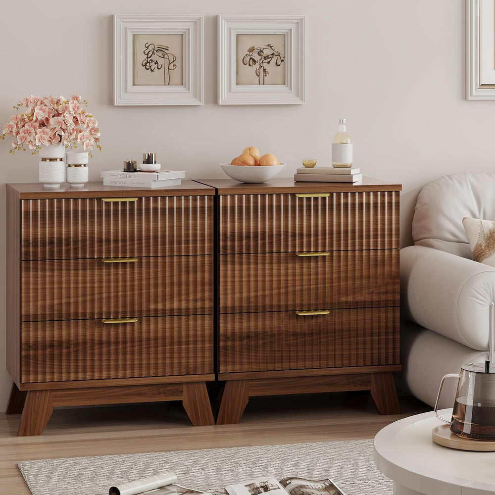 Xixini Fluted Nightstand, 24" Wide Side Table with 3 Large Storage Drawe...