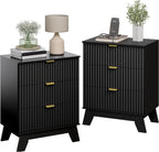 Night Stand Set 2, Bedside Table & End Table, Mid Century Modern Fluted Wood Nightstand with 3 Drawers & Metal Handles, Farmhouse Nightstand for Bedroom, Black