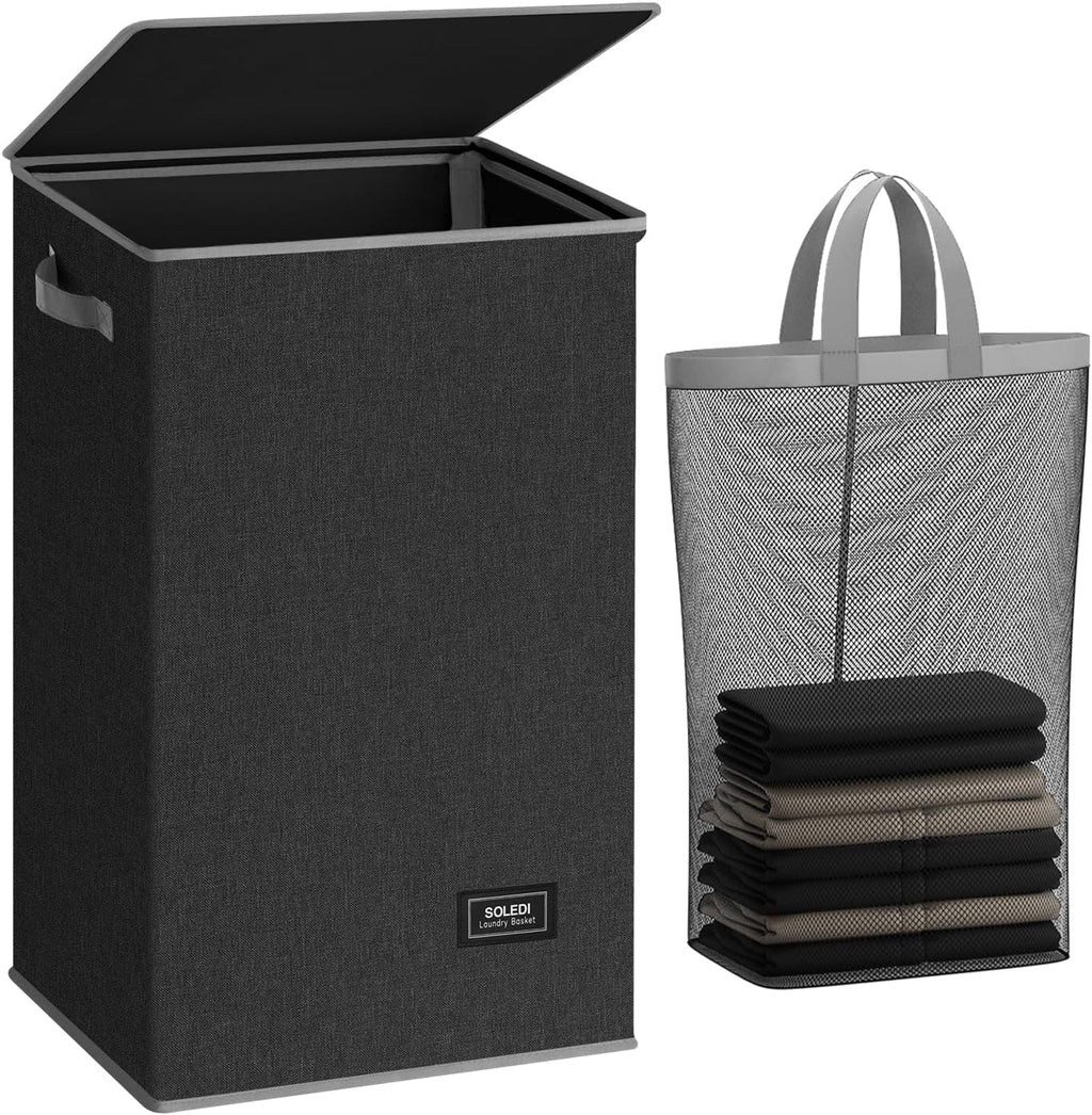 SOLEDI Laundry Hamper with Lid 90L Large & Tall Collapsible Laundry Basket, Clothes Hamper with Bag Removable Easy to Carry, Dirty Hampers for Bedroom, Bathroom, Dorm, College, Dark Grey