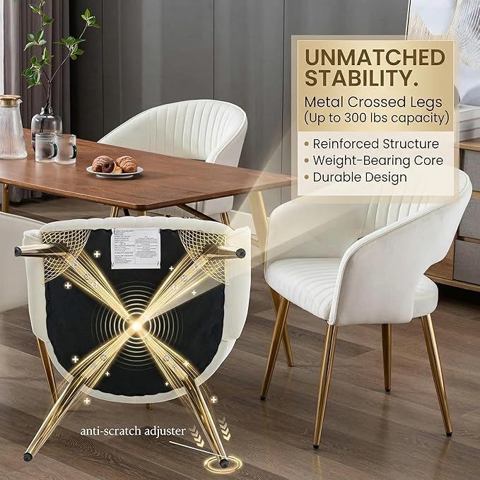 Cream Velvet Dining Chairs Gold Legs, Modern Dining Room Chairs with Arms Set of 2 Upholstered Accent Chair Armchair with Barrel Back for Kitchen Living Room