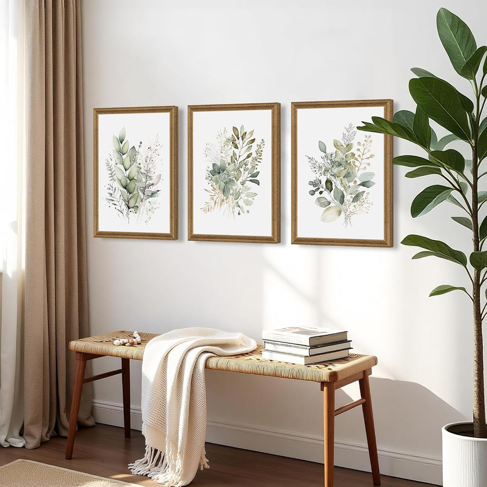 WRFON Framed Sage Green Botanical Wall Art Set of 3, Watercolor Eucalyptus &a...