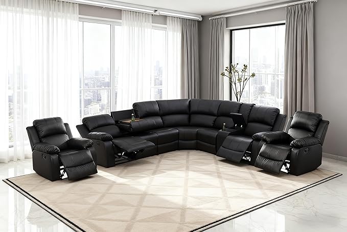 Manual Recliner Sectional Sofa Set, Bonded Leather L-Shaped Living Room Furniture Sets, Reclining Sectional Corner Couch and 2 Reclining Chairs Set for Home Office (Black, Sectional + 2 Chairs)