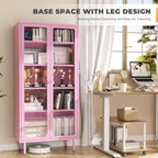 INTERGREAT 67” H Glass Display Cabinet, Metal Curio Cabinet with Tempered Glass Doors & Adjustable Shelves, Metal Storage Cabinets for Living Room, School, Plant, Pink, Assembly Required
