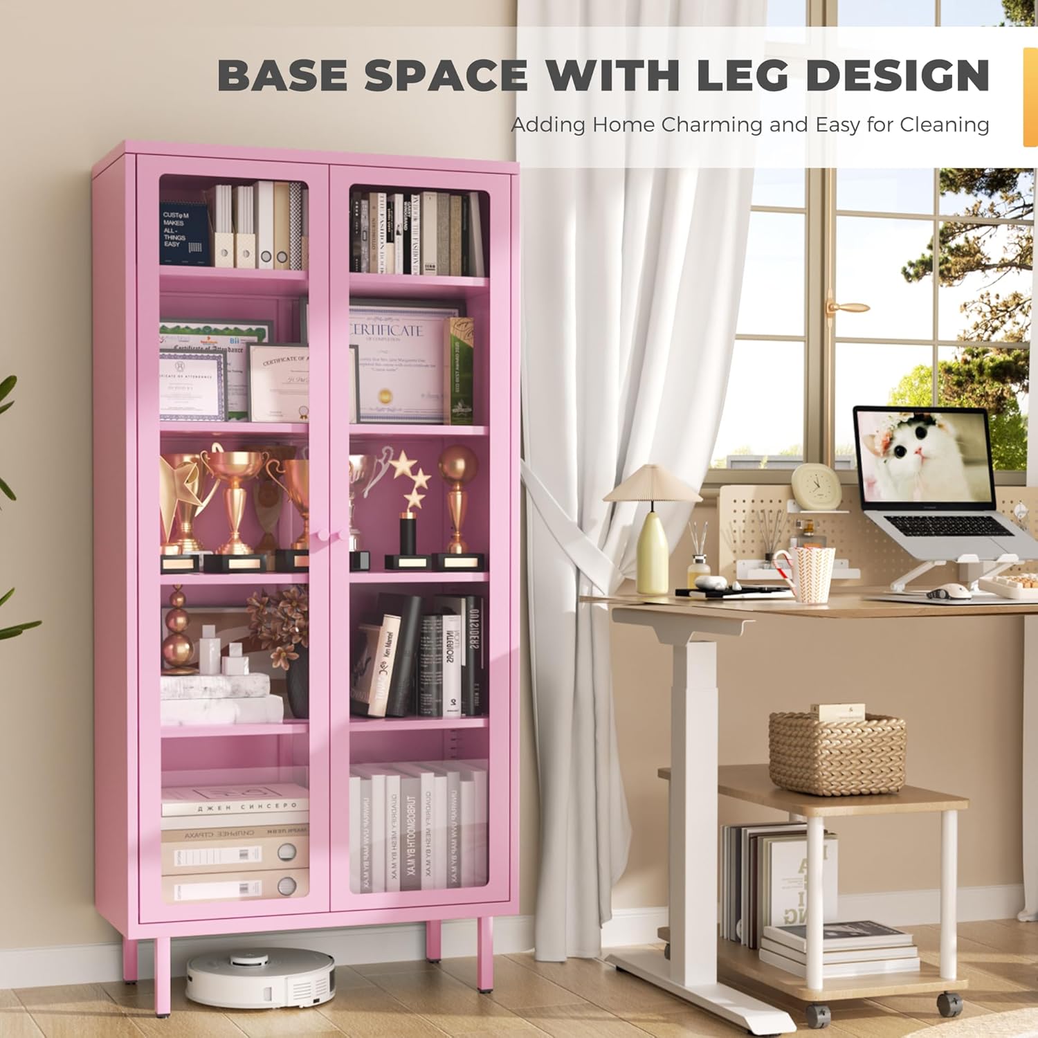 INTERGREAT 67” H Glass Display Cabinet, Metal Curio Cabinet with Tempered Glass Doors & Adjustable Shelves, Metal Storage Cabinets for Living Room, School, Plant, Pink, Assembly Required