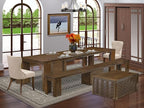 X02SI-2C8-04 - 6 pc Modern Dining Set contains an Extendable Rectangle Kitchen Table, 1 Coffee Table, 2 Dining Chairs and 2 Modern Benches, 39x120 Inch, Antique Walnut