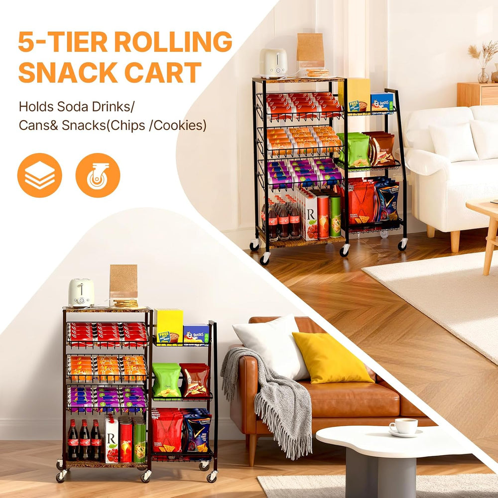Pinzoveco 5-Tier Rolling Kitchen Storage Carts, Snack Cart with Wheels, Fruit...