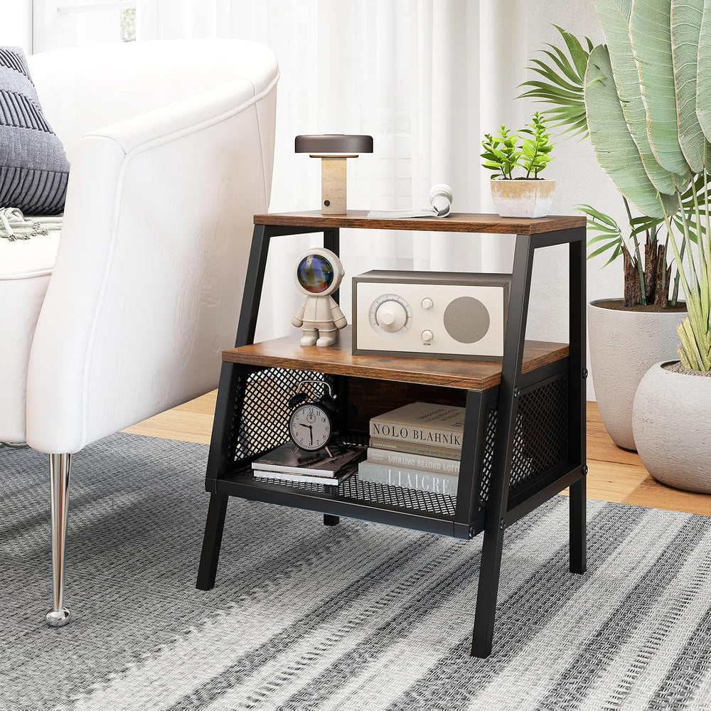 Giantex Industrial Nightstand, Modern End Table w/Open Shelves & Metal Me...